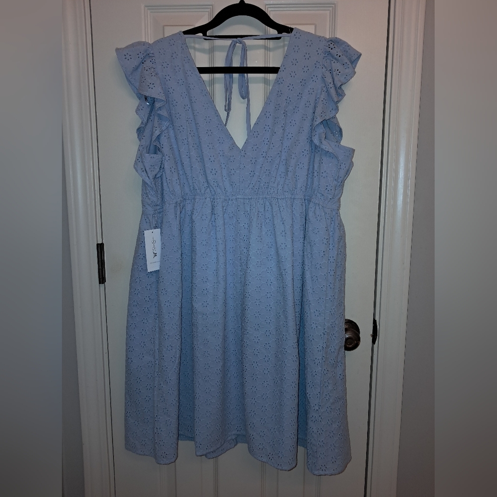 Jessica Simpson NEW cotton eyelet dress size large light blue V neck babydoll - Picture 6 of 12